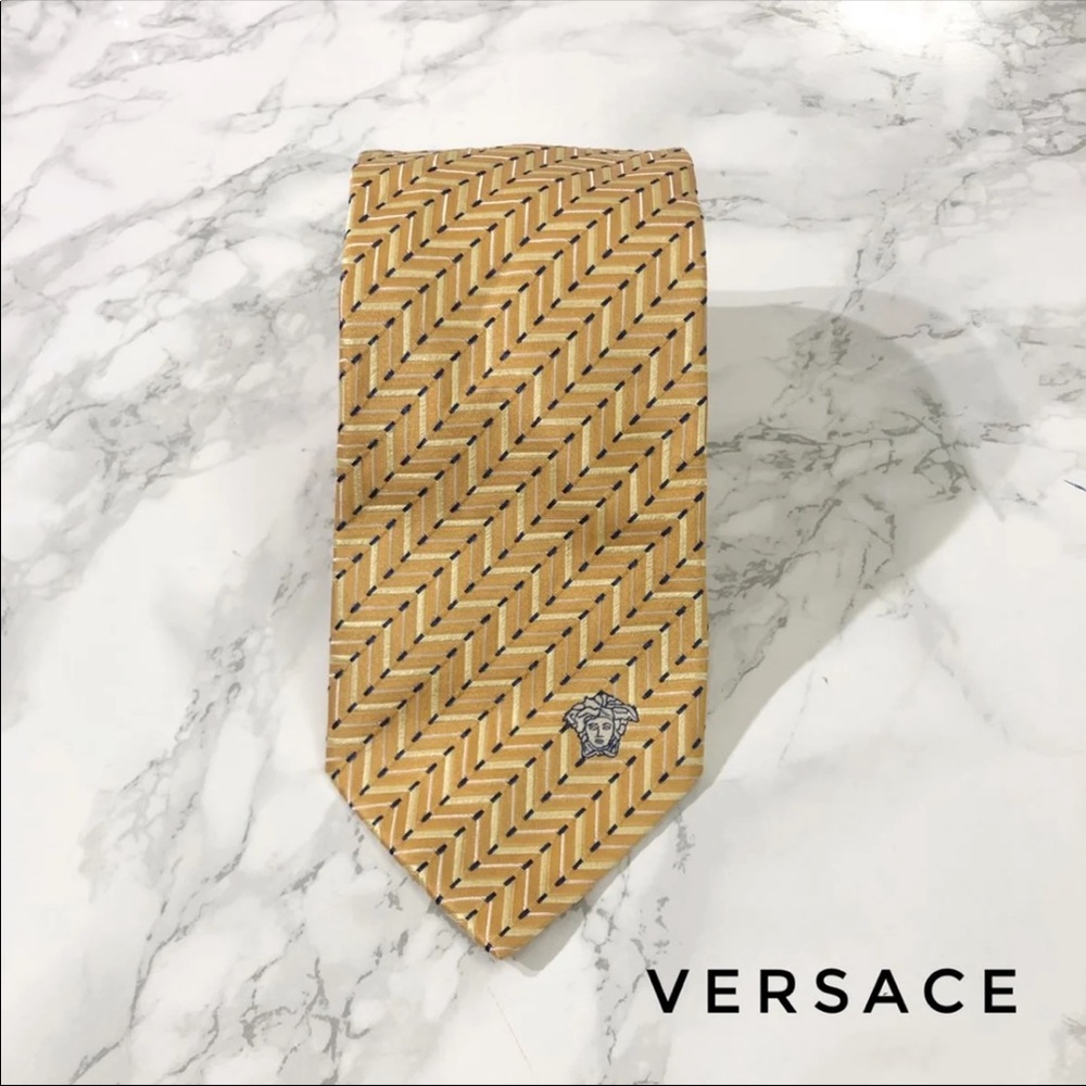 Versace Gold Orange Striped Zigzag Medusa Tie EUC